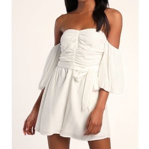 Lulus Strapless Off The Shoulder White Ruched Romper